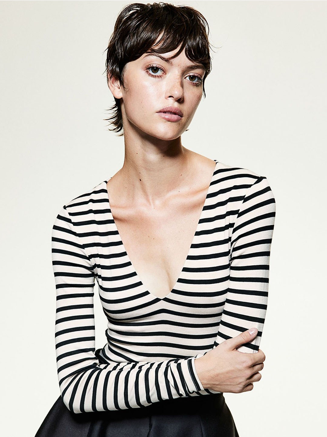 

H&M Striped V-Neck Bodysuit, Beige