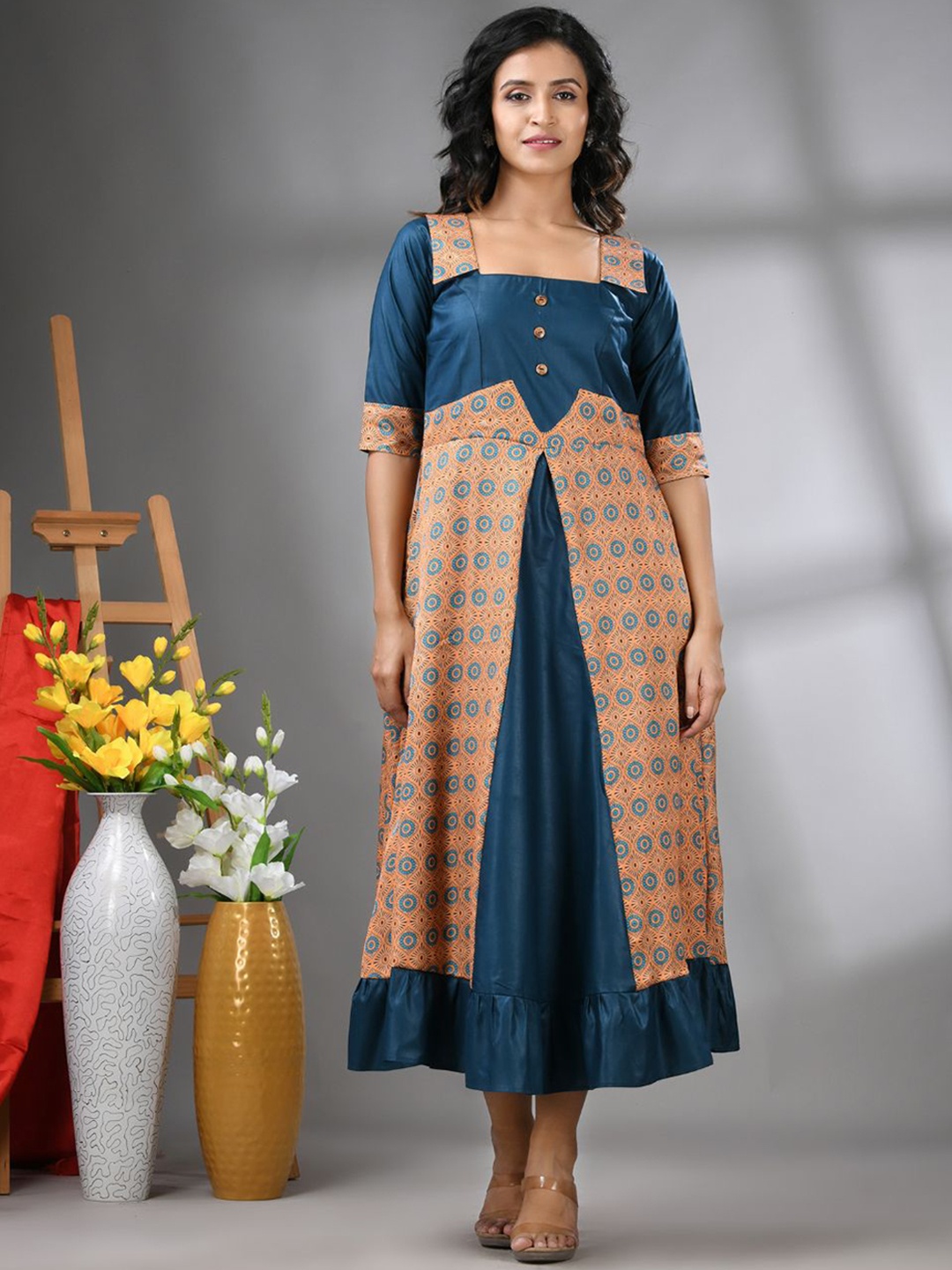 

Charukriti Printed Ruffled Ethnic Midi Dress, Blue