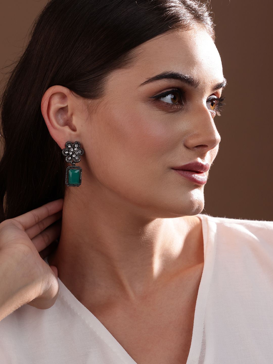 

PANASH Black Rhodium Plated CZStudded Contemporary Drop Earrings, Silver
