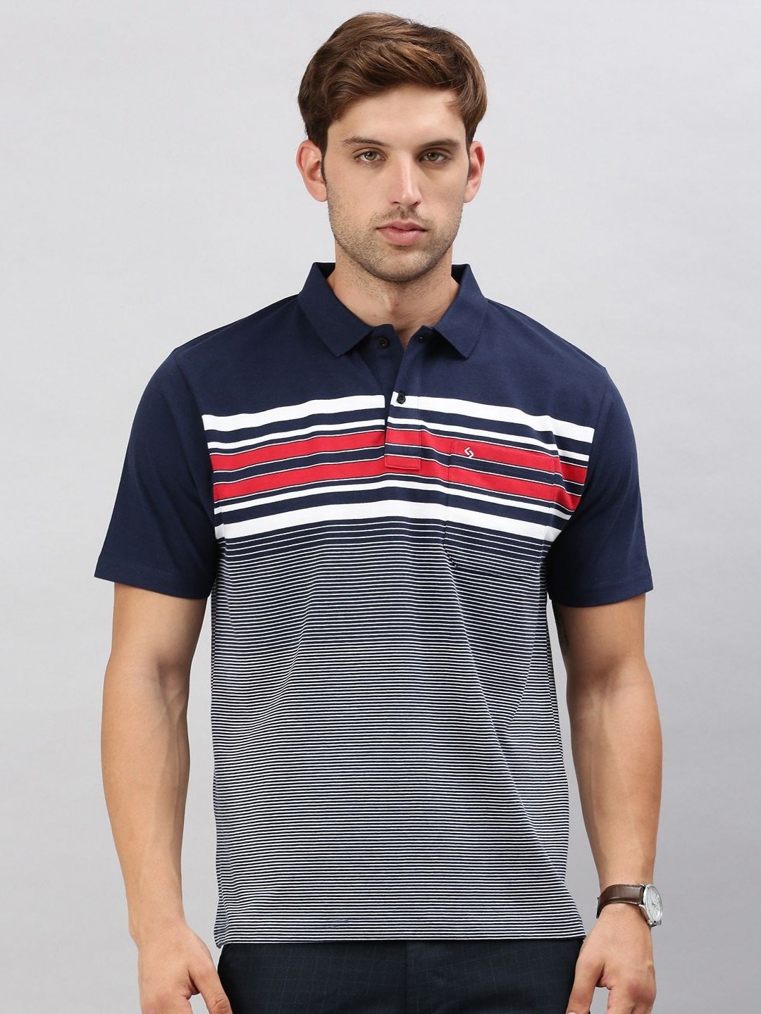 

Classic Polo Men Striped Polo Collar Cotton T-shirt, Navy blue