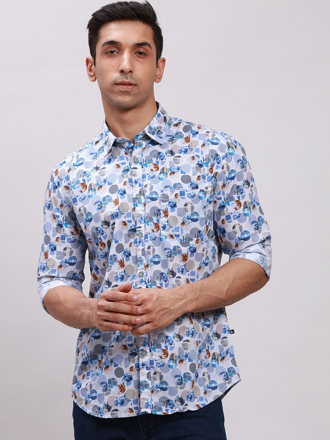 

Parx Men Cutaway Collar Abstract Printed Cotton Slim Fit Casual Shirt, Blue