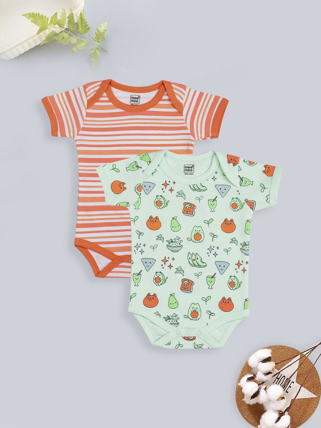 

MeeMee Infants Pack Of 2 Graphic Printed Pure Cotton Bodysuits, Lime green