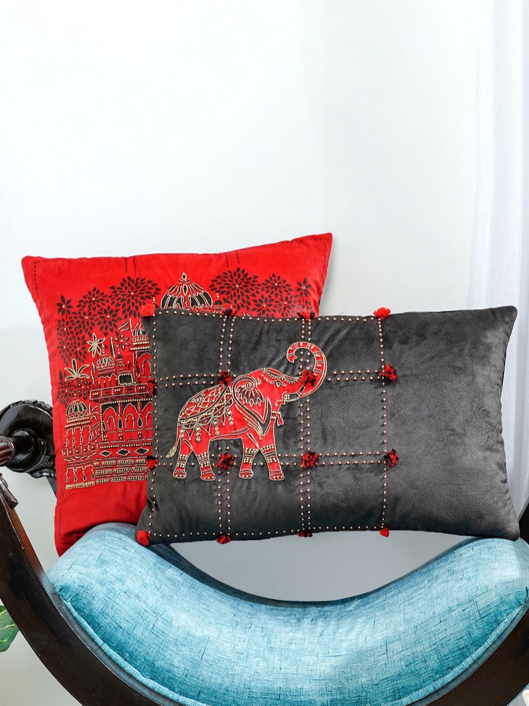 

Mid July Home Black & Red 2 Pieces Ethnic Motifs Velvet Square Cushion Covers