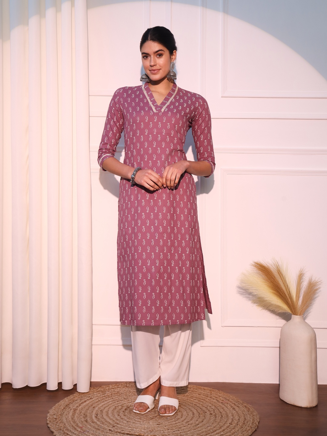 

KALINI Floral Printed Pure Cotton Straight Kurta, Mauve