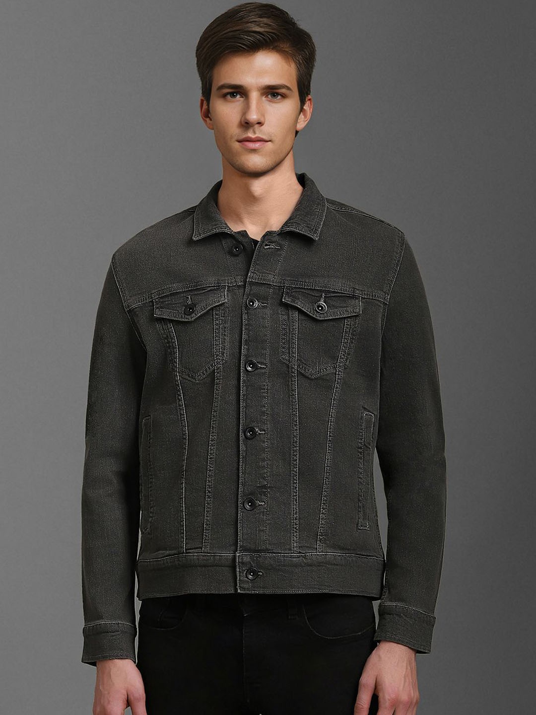 

Louis Philippe Jeans Men Washed Spread Collar Pure Cotton Denim Jacket, Grey
