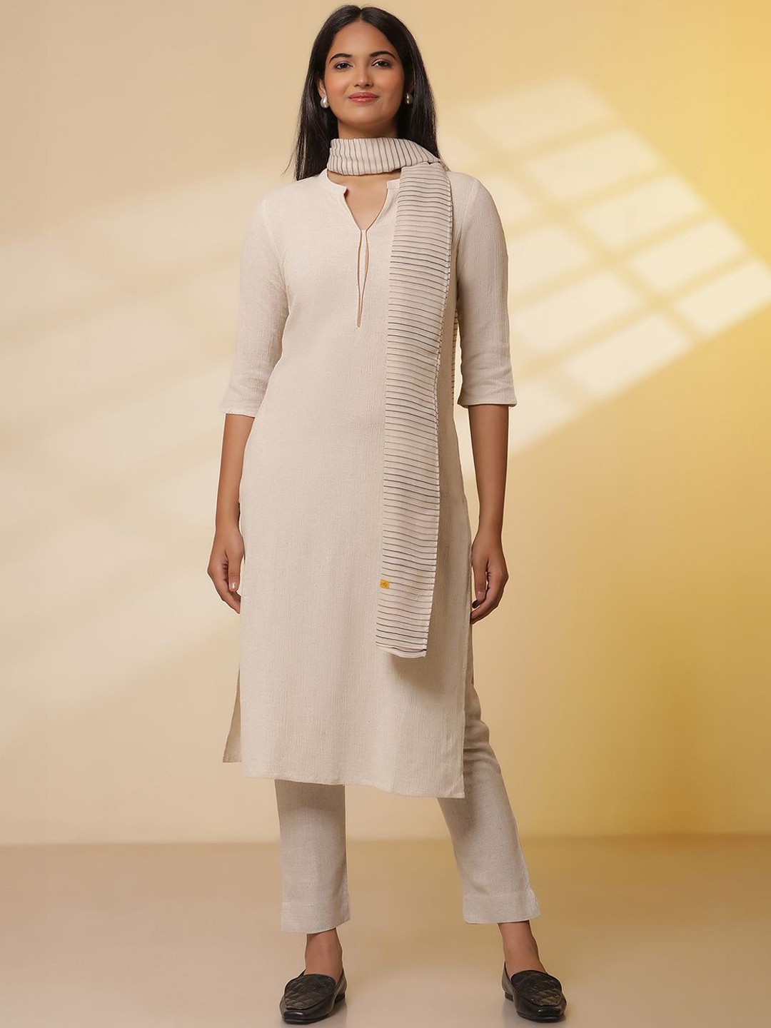 

AURELIA Round Neck Cotton Straight Kurta with Trouser & Dupatta, Beige