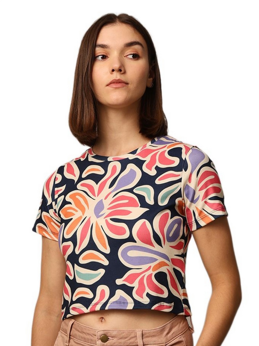 

ONLY Women Floral Printed Round Neck Cotton T-shirt, Navy blue