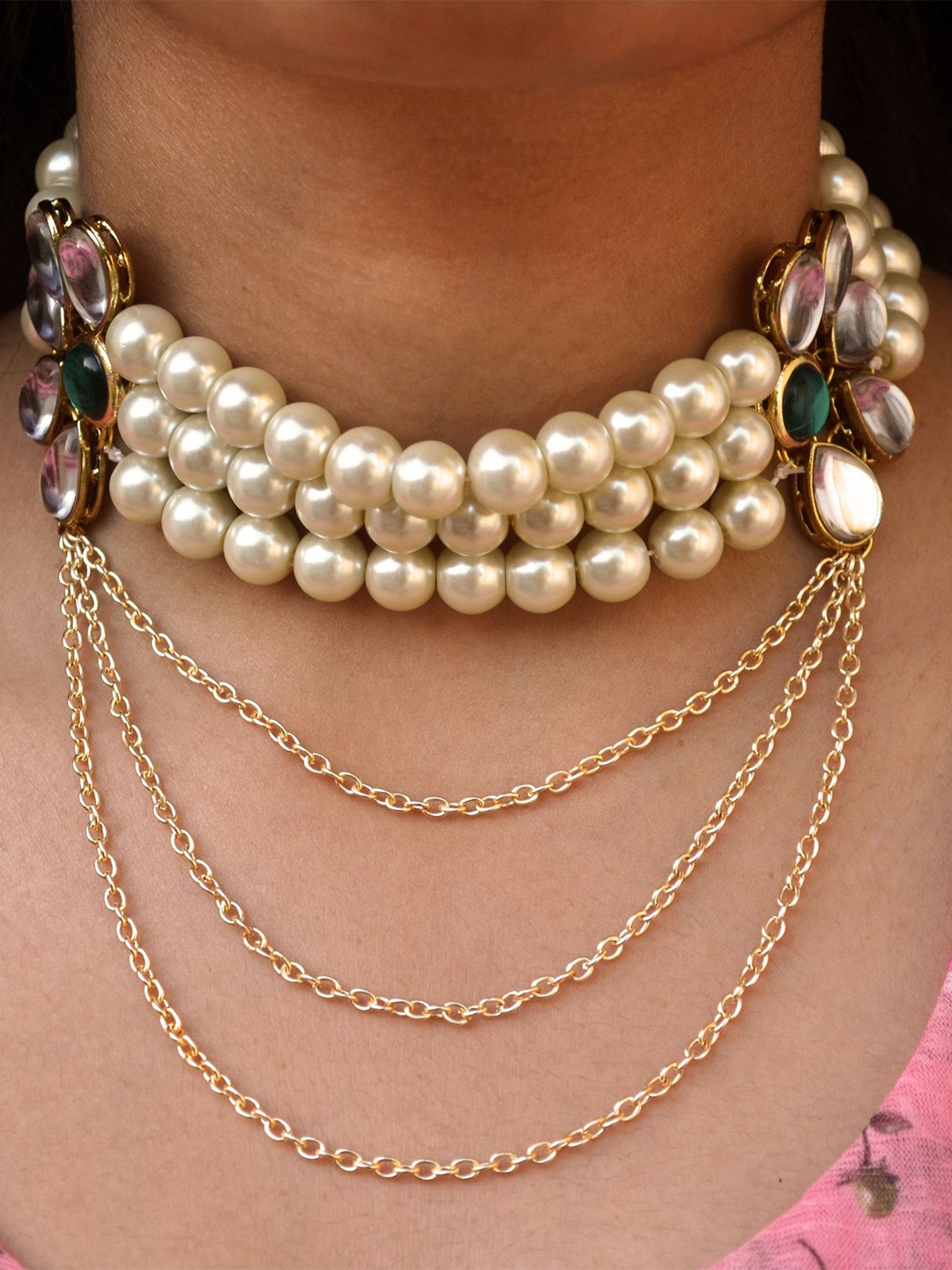 

BeAbhika Gold-Plated Gemstones Studded & Pearls Layered Necklace