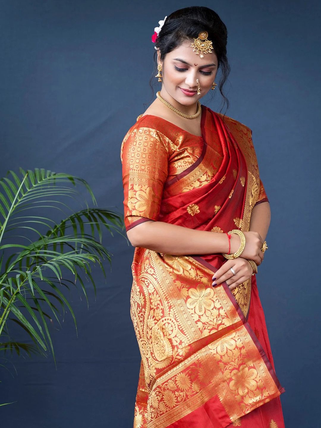 

KALINI Ethnic Motifs Zari Pure Silk Traditional Banarasi Saree, Red
