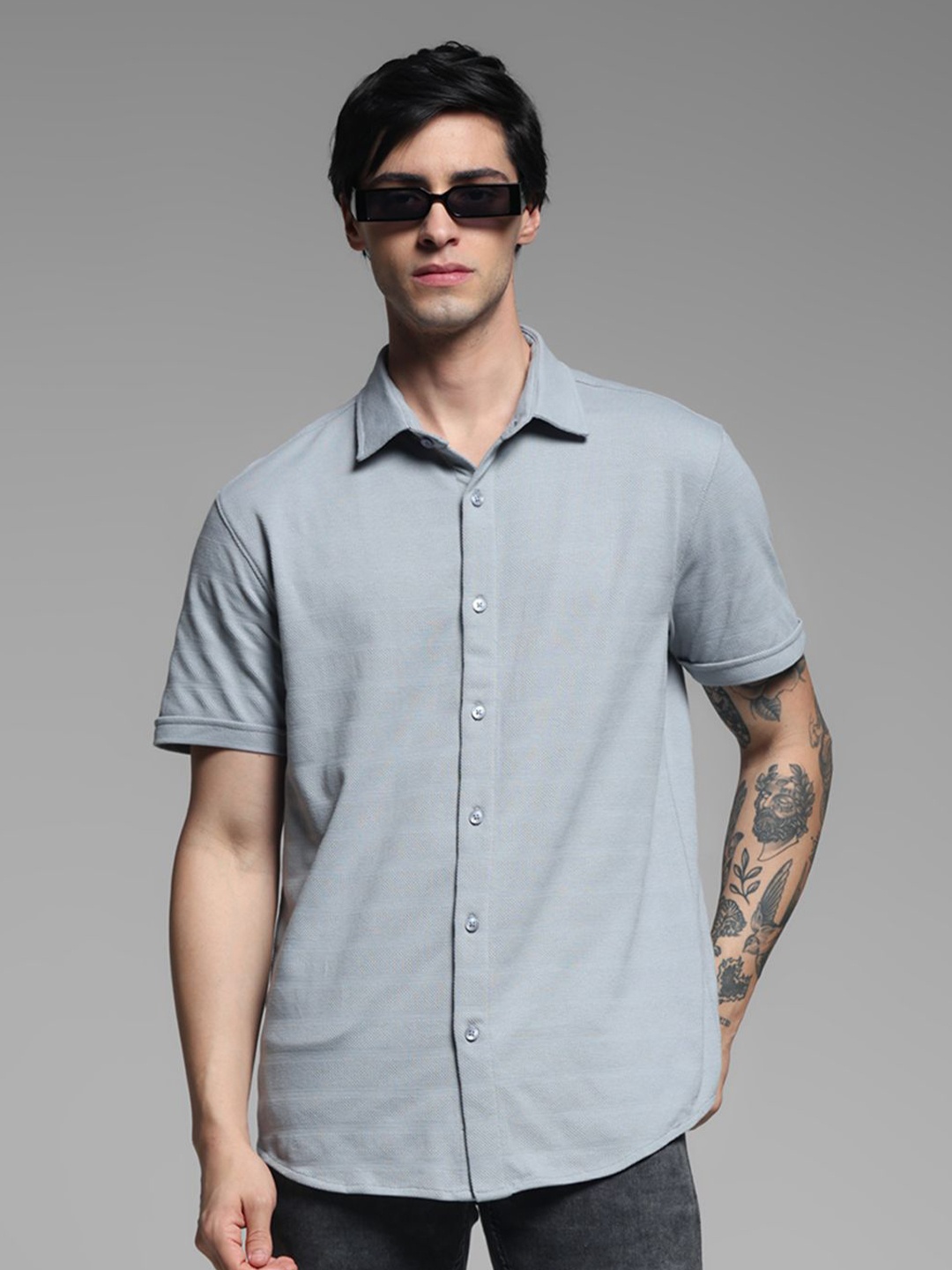 

Jack & Jones Men Spread Collar Solid Cotton Slim Fit Casual Shirt, Grey