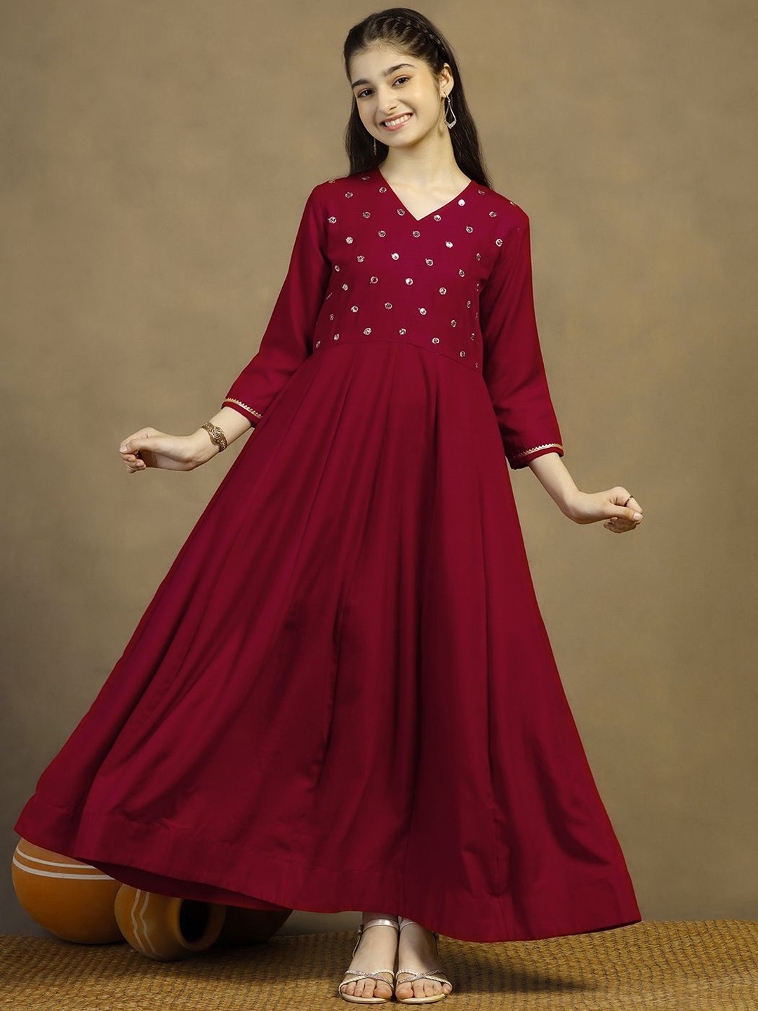 

FASHION DREAM Girls Solid Embroidered Anarkali Fit and Flare Cotton Ethnic Dress, Maroon