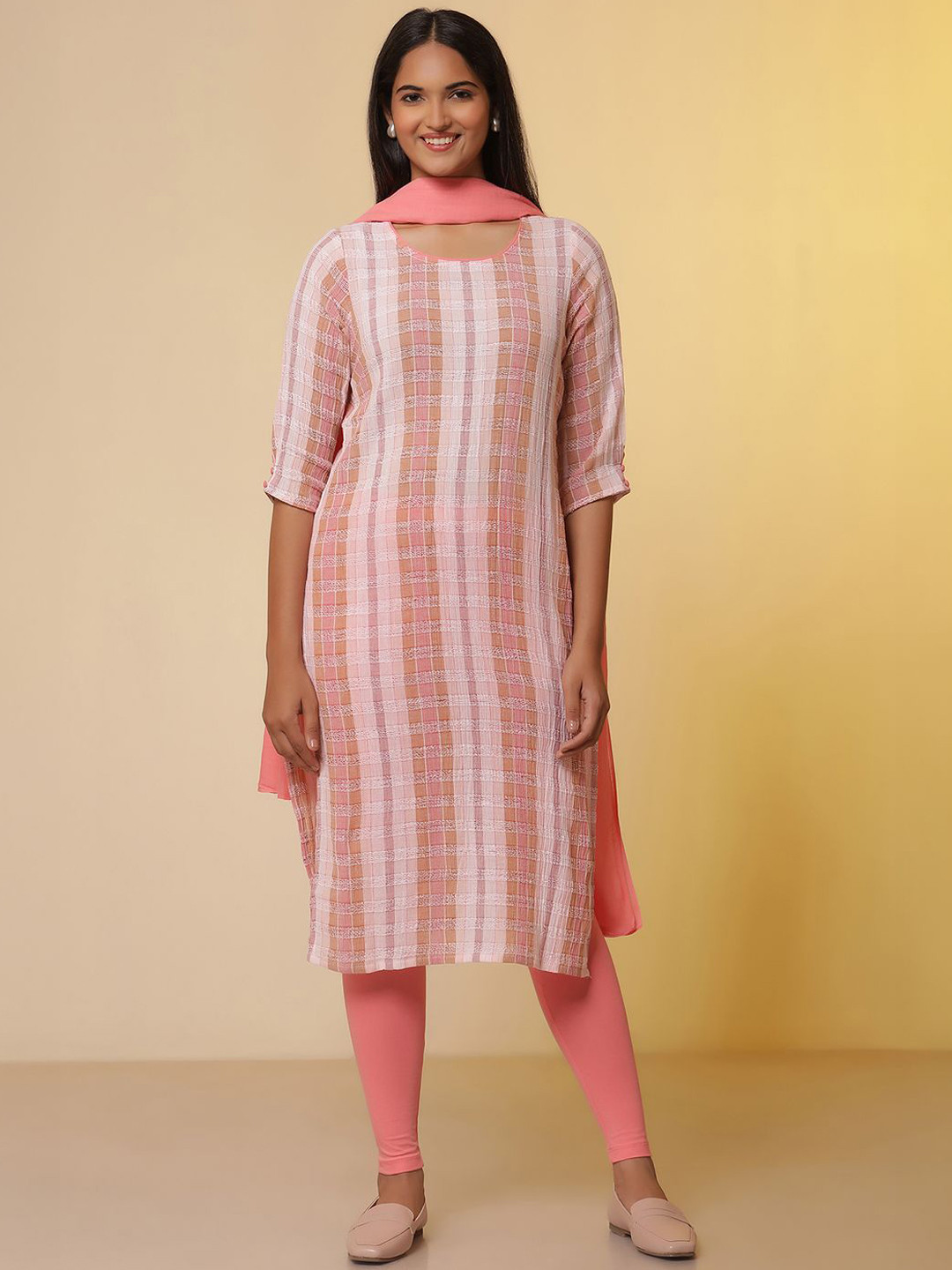 

AURELIA Striped Self Design Pure Cotton Straight Kurta With Leggings and Dupatta, Pink
