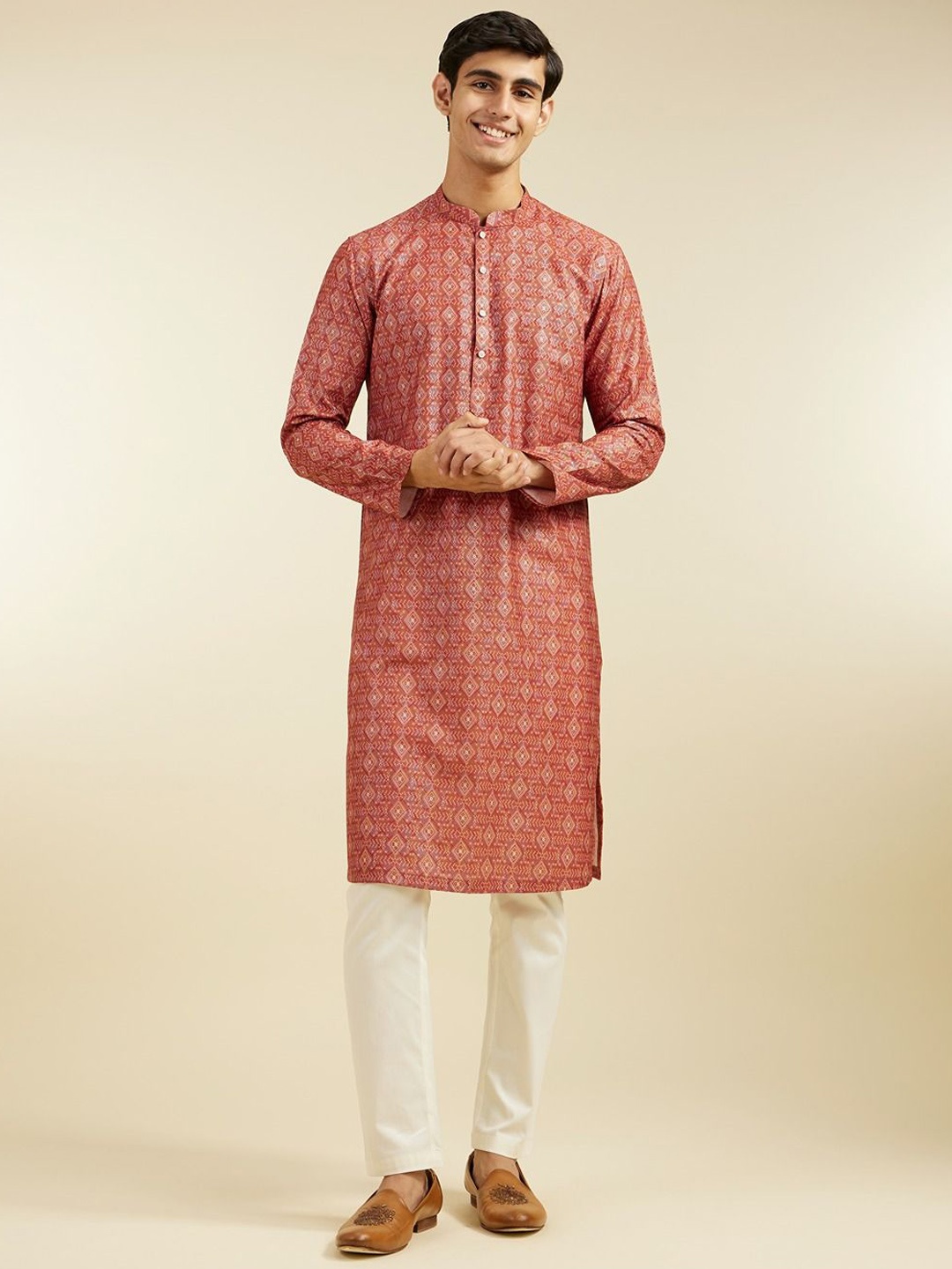 

Diwas by Manyavar Geometric Woven Design Mandarin Collar Straight Kurta, Rust