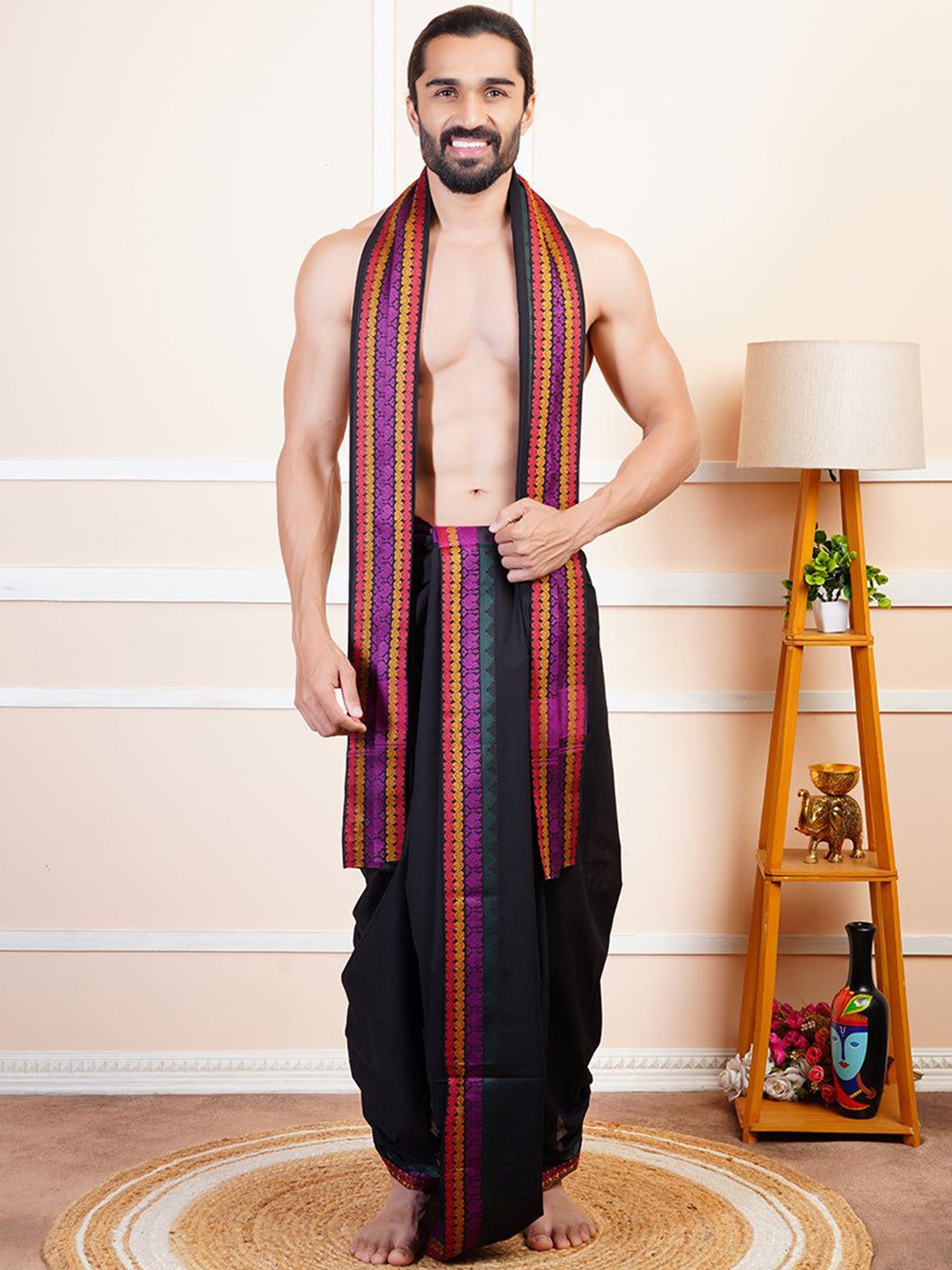 

Ramraj Men Traditional Panchakacham with Angavastram, Black