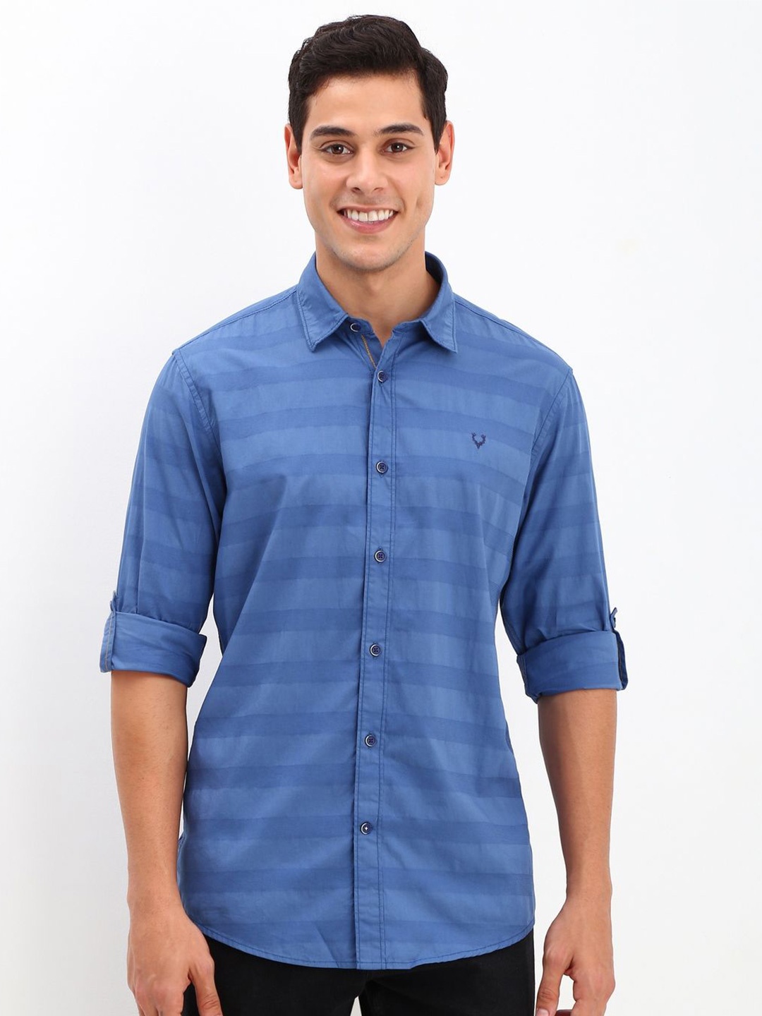 

Allen Solly Men Custom Spread Collar Horizontal Striped Cotton Casual Shirt, Blue