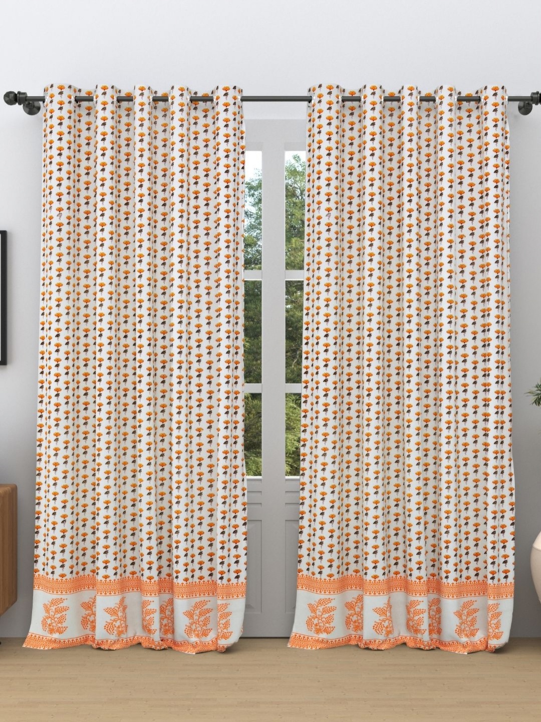 

The Craft Monk White & Yellow 2 Pieces Floral Printed Cotton Door Curtains