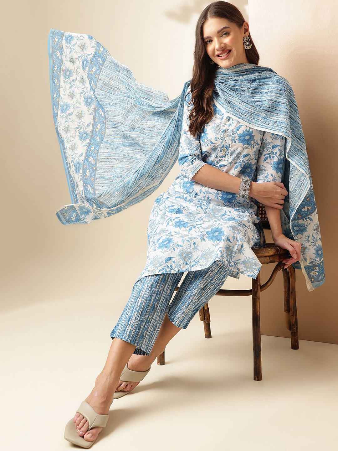 

Anouk Floral Printed Regular Pure Cotton Straight Kurta With Trouser With Dupatta, White