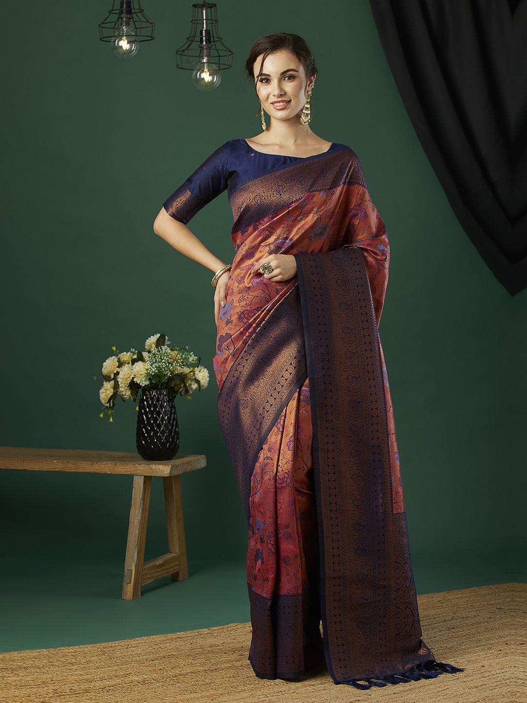 

HI FI NX Women Ethnic Motifs Zari Pure Silk Banarasi Saree, Rust