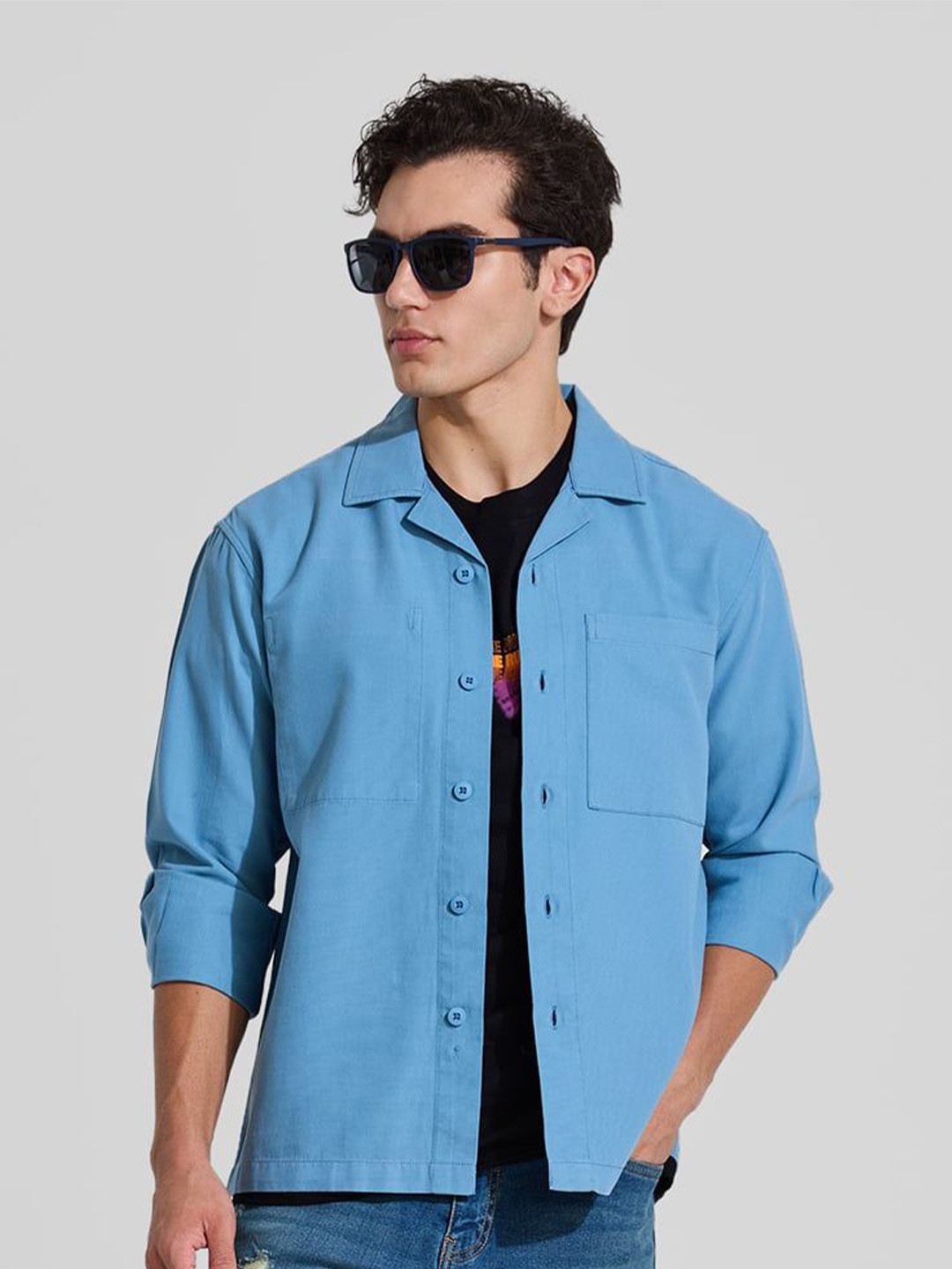 

Snitch Men Smart Cuban Collar Solid Cotton Casual Shirt, Blue