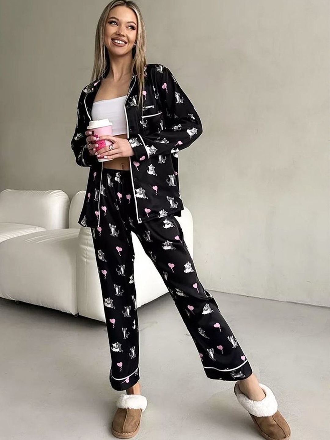 

LULU & SKY Women Printed Shirt & Trousers Night Suits, Black