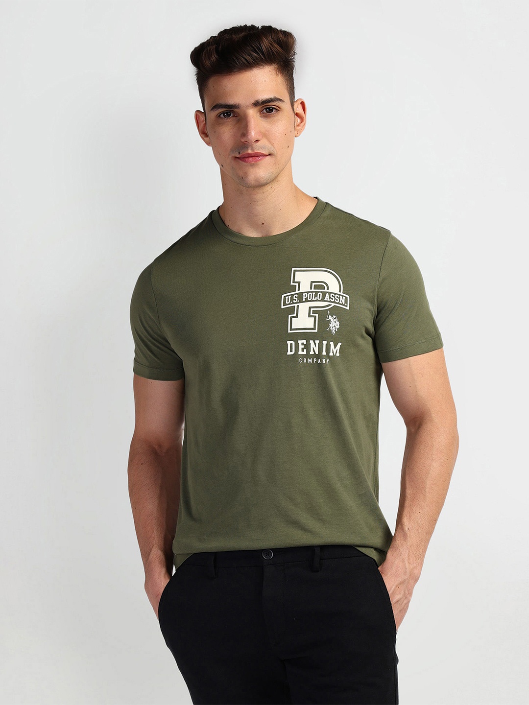 

U.S. Polo Assn. Denim Co. Pure Cotton Brand Logo Printed Slim Fit T-shirt, Olive