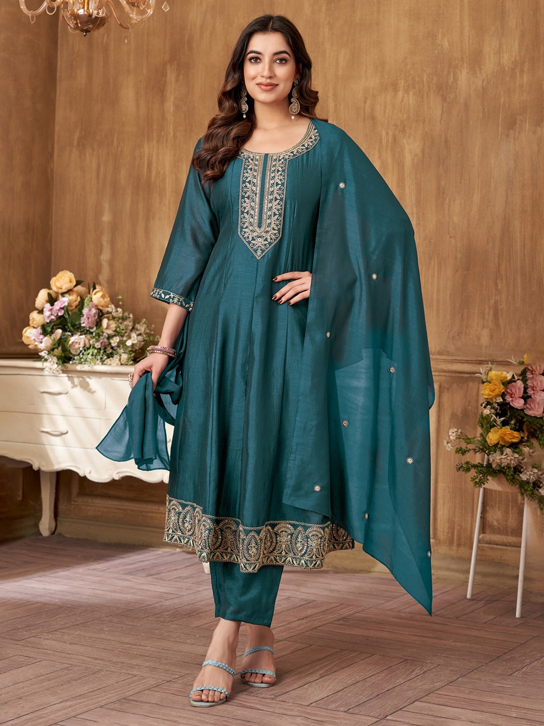 

Anaita Floral Zari Embroidered Panelled A-Line Kurta with Trouser & Dupatta, Teal