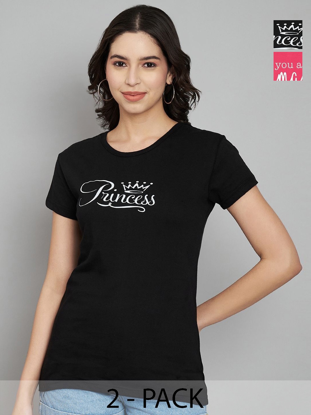 

Trend Level Women Pack Of 2 Typography Printed Round Neck Cotton T-shirts, Magenta