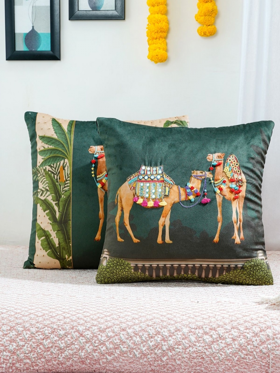 

Mid July Home Teal & Orange Coloured 2 Pieces Ethnic Motifs Velvet Square Cushion Covers