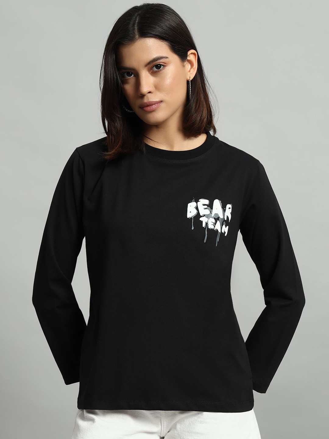 

AECK Women Typography Printed Round Neck Cotton T-shirt, Black