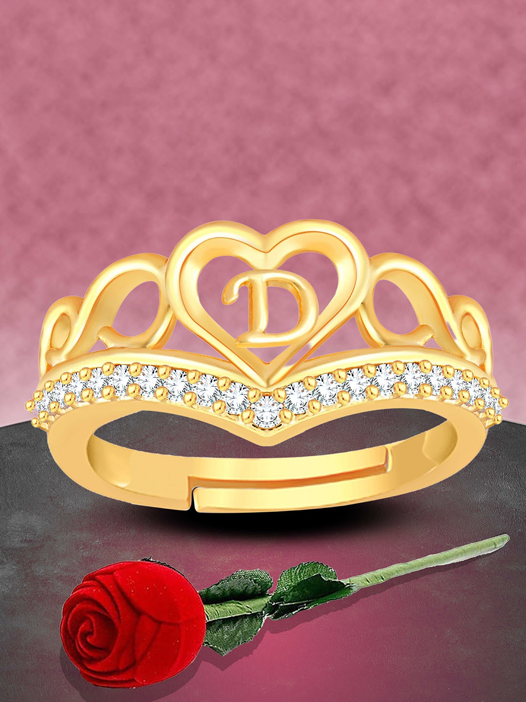 

Heer Collection Unisex Gold Plated Alphabet D Stones Studded Finger Ring