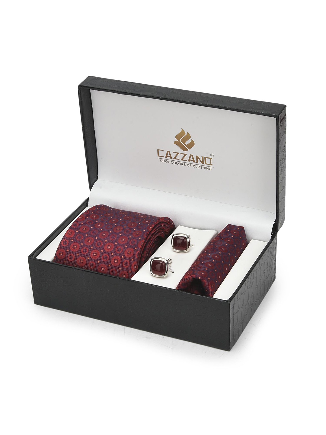 

Cazzano Men Accessory Gift Set Of Slim Tie, Cufflink & Pocket Square, Maroon