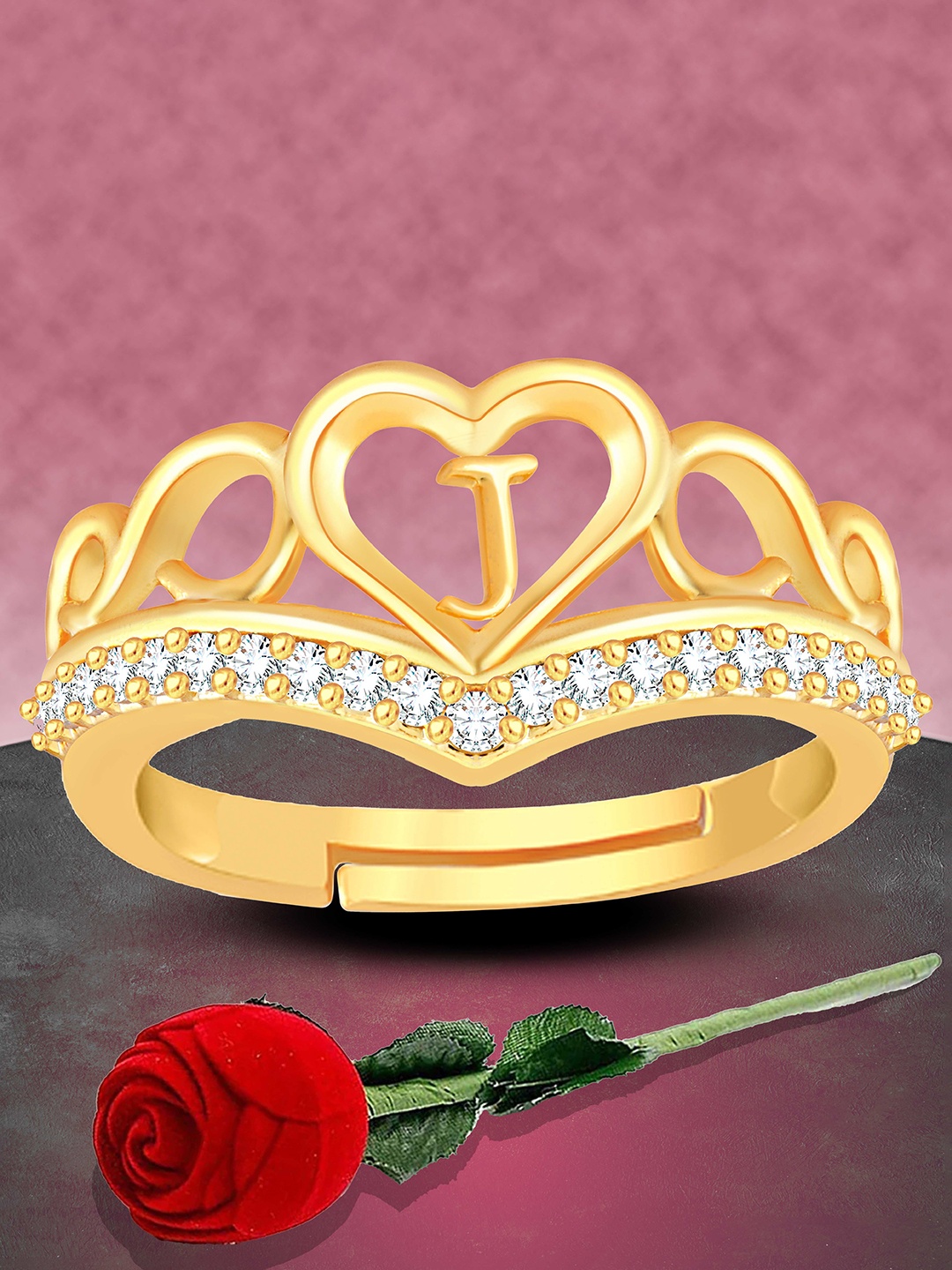 

Heer Collection Unisex Gold-Plated AD-Studded Alphabet 'J' Valentine Finger Ring