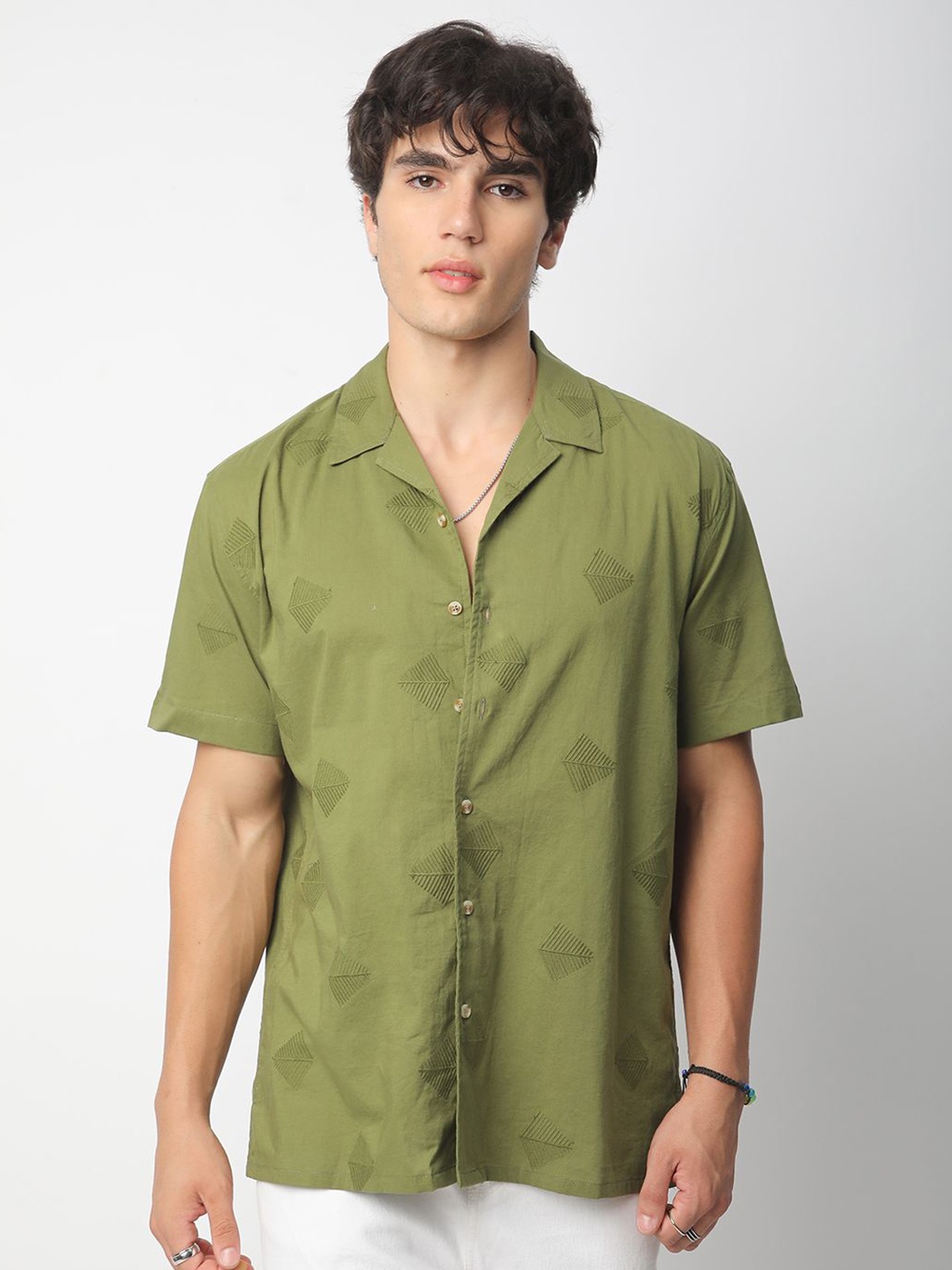 

VASTRADO Men Classic Cuban Collar Conversational Printed Cotton Oversized Casual Shirt, Olive