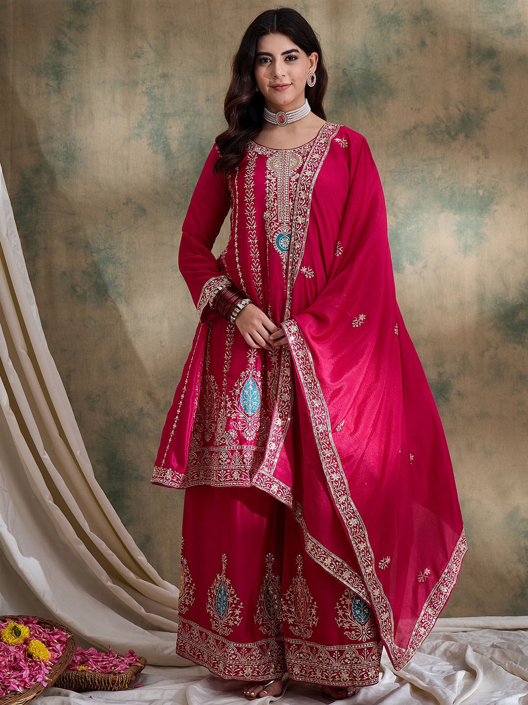 

Miss Ethnik Ethnic Motifs Embroidered Round Neck Straight Kurta with Palazzos & Dupatta, Pink