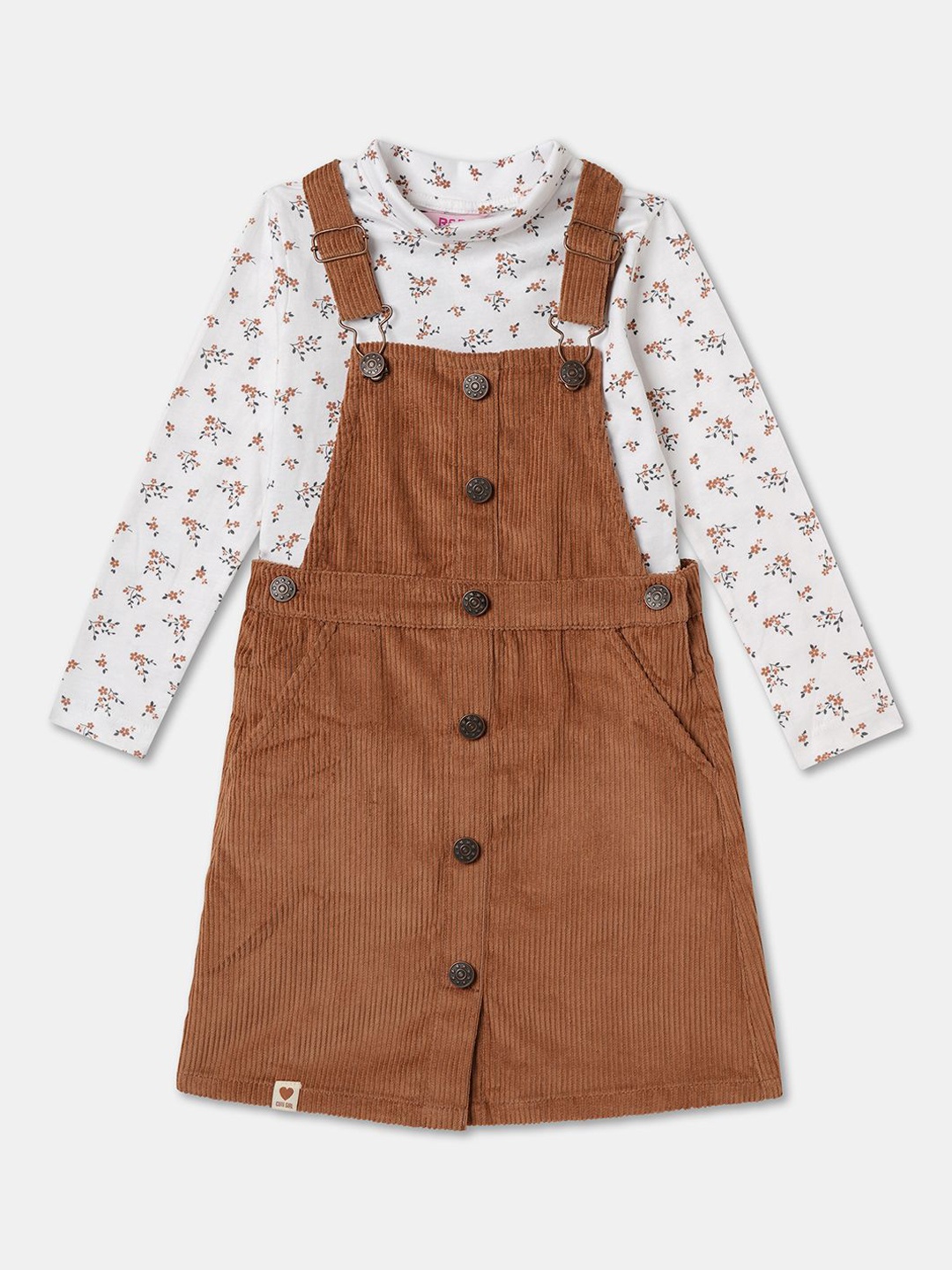 

R&B Girls Dungaree Dress With Printed T-Shirt, Beige