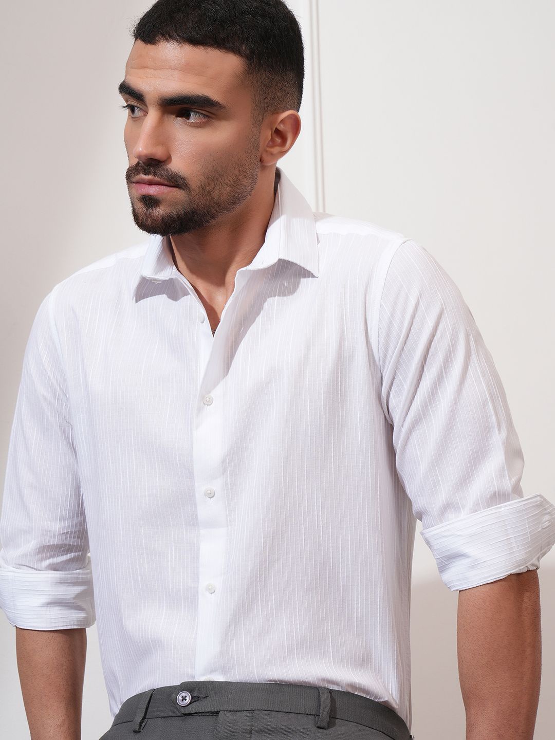 

Locomotive Luxe Men Dobby Textured Multi Occasion Shirt, White