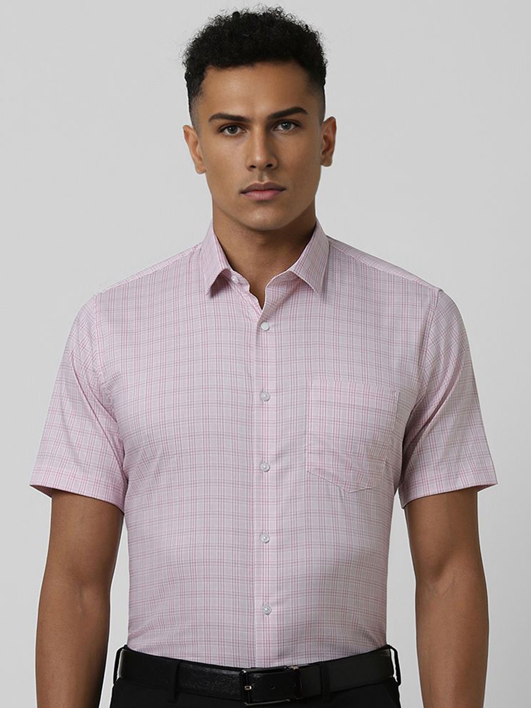 

Van Heusen Men Spread Collar Checked Cotton Slim Fit Formal Shirt, Pink