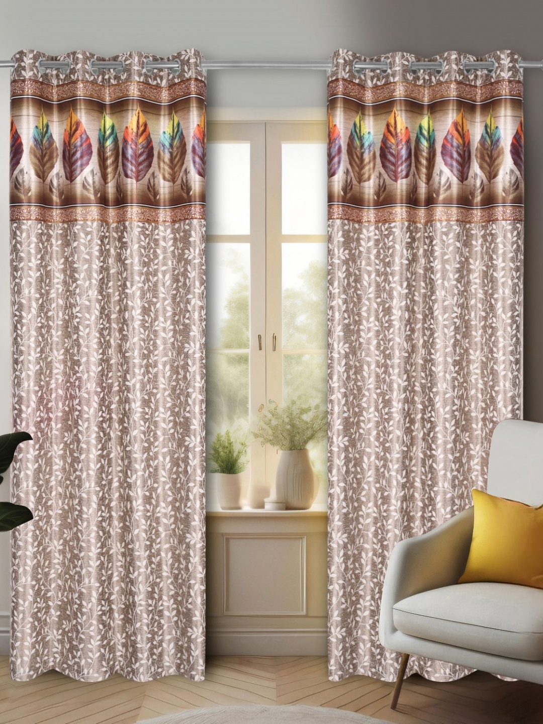 

REYANSH DECOR Brown & White 2 Pieces Floral Room Darkening Long Door Curtains