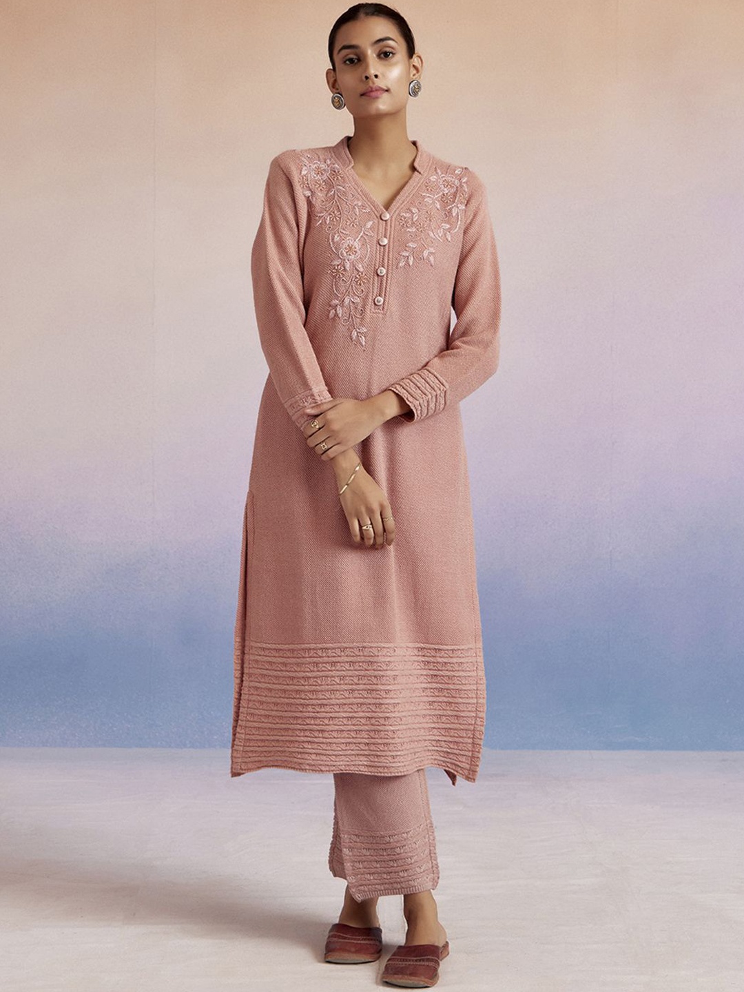 

Jaipur Kurti Self Woven Embellished Woolen Kurta Set, Pink