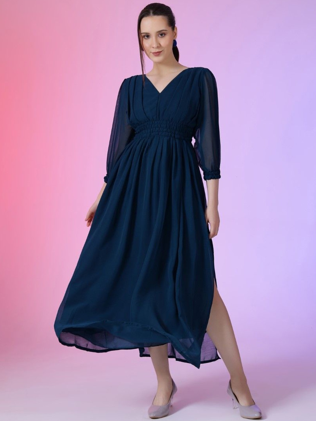 

Femvy Solid Georgette Fit & Flare Maxi Dress, Navy blue