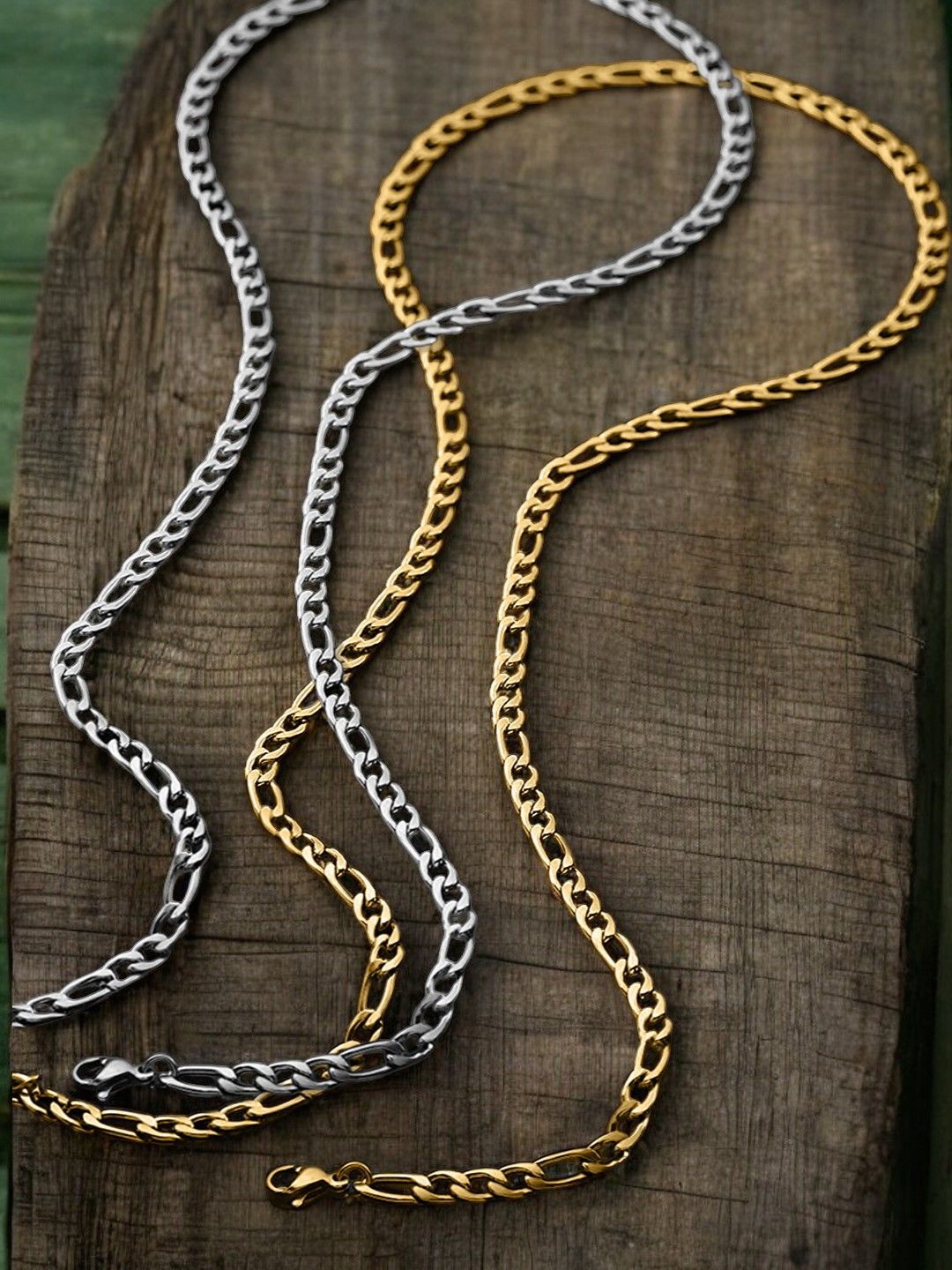 

fabula Men Set Of 2 Stainless Steel Gold-Plated Link Chains, Silver