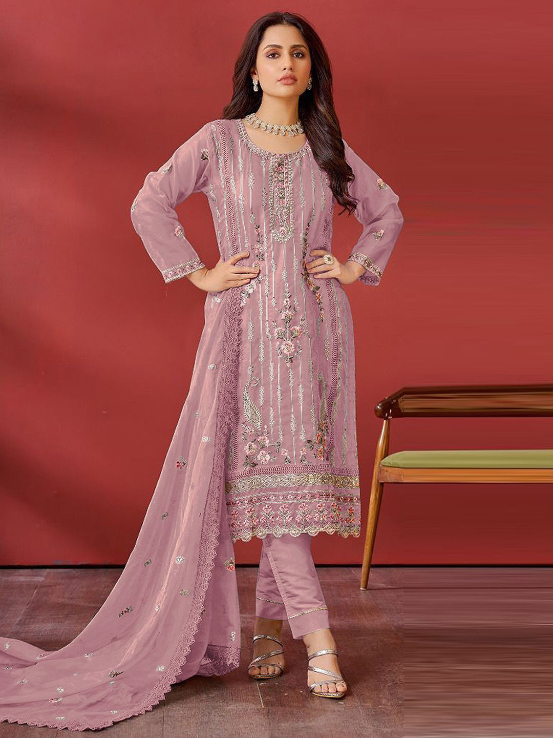 

ODETTE Ethnic Motifs Embroidered Sequinned Georgette Semi-Stitched Dress Material, Pink