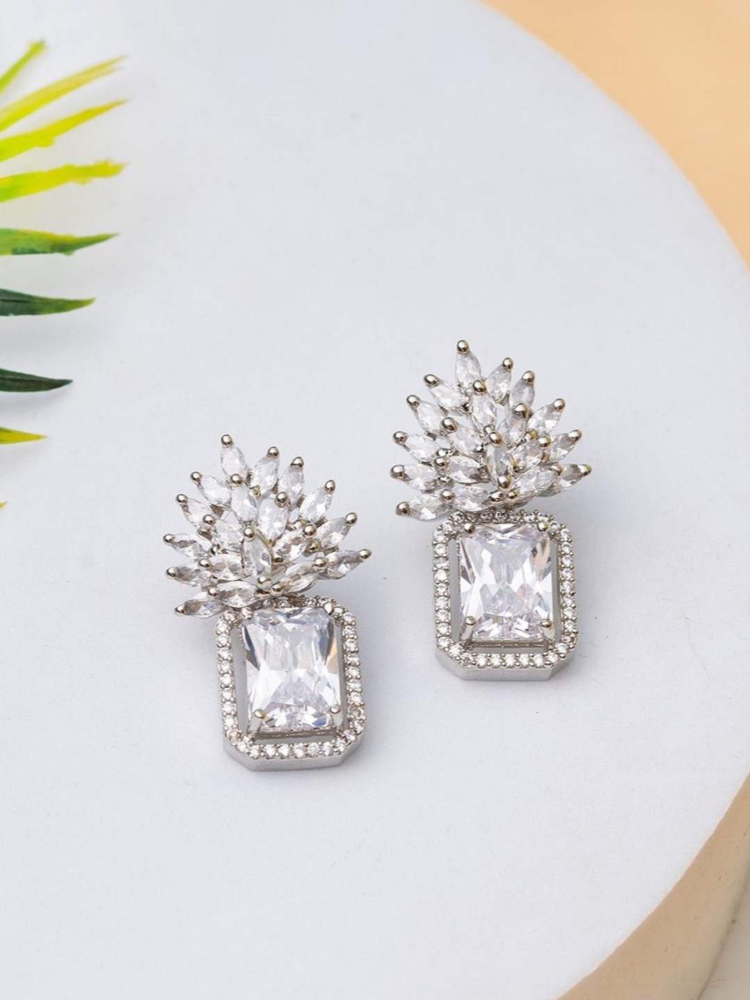

PUTSTYLE Silver-Plated Square Cubic Zirconia & American Diamond Stone Studded Studs