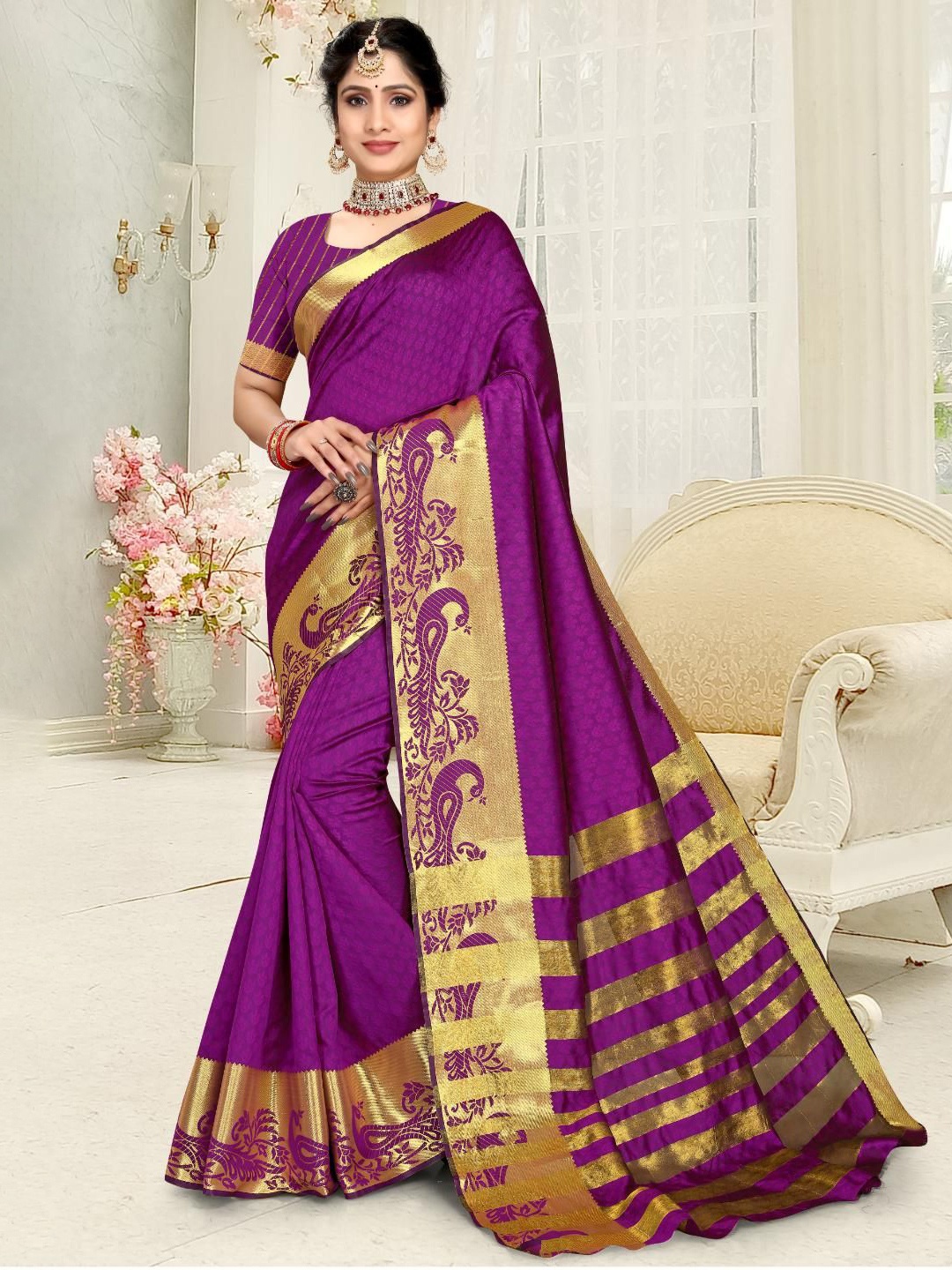 

JAY FASHION Woven Design Zari Silk Kanjeevaram Saree, Purple