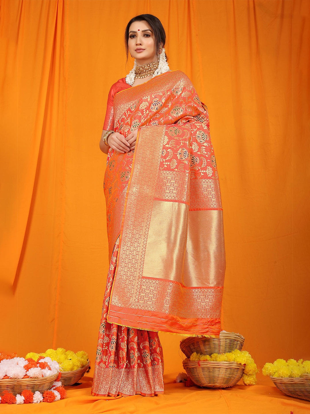 

Royal Rajgharana Saree Ethnic Motifs Woven Design Zari Pure Silk Banarasi Sarees, Orange