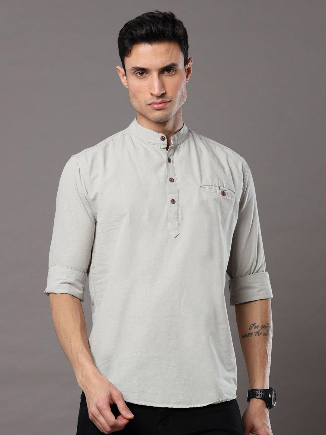 

Rope Men Classic Band Collar Solid Cotton Casual Shirt, Grey