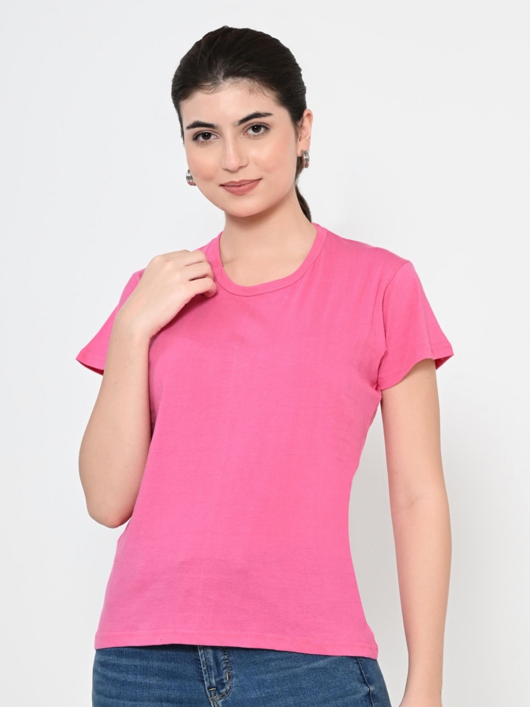 

BAESD Women Solid Round Neck Cotton T-shirt, Pink