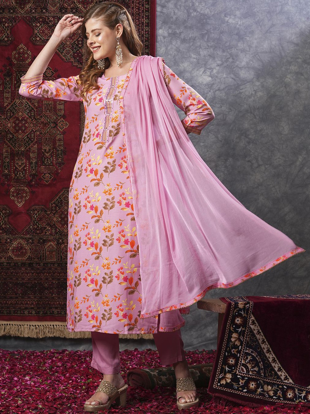 

Anni Designer Floral Printed Round Neck Straight Kurta With Trouser & Dupatta, Pink