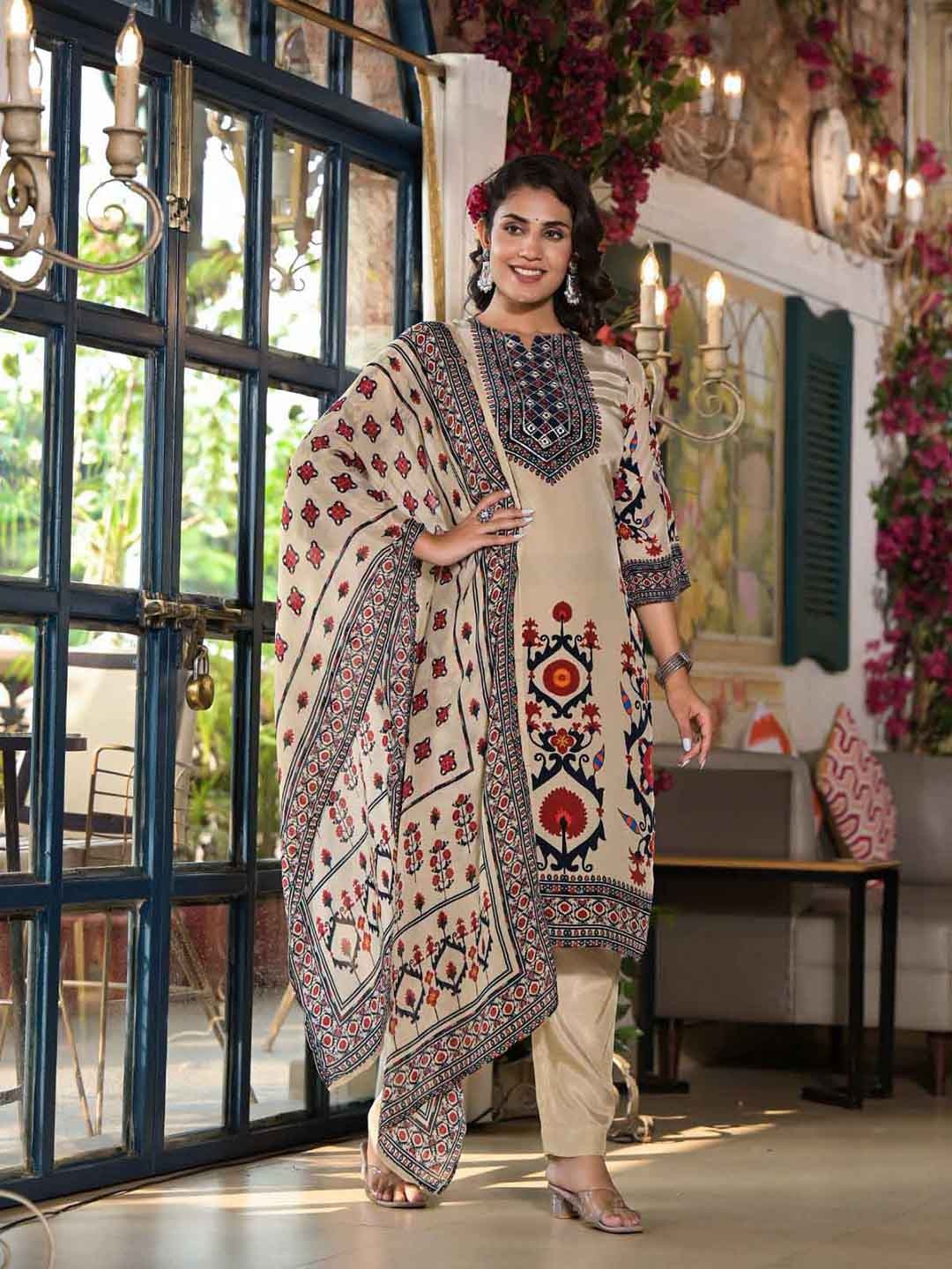 

Nehamta Floral Printed Mirror Work Pure Cotton Straight Kurta with Trousers & Dupatta, Beige