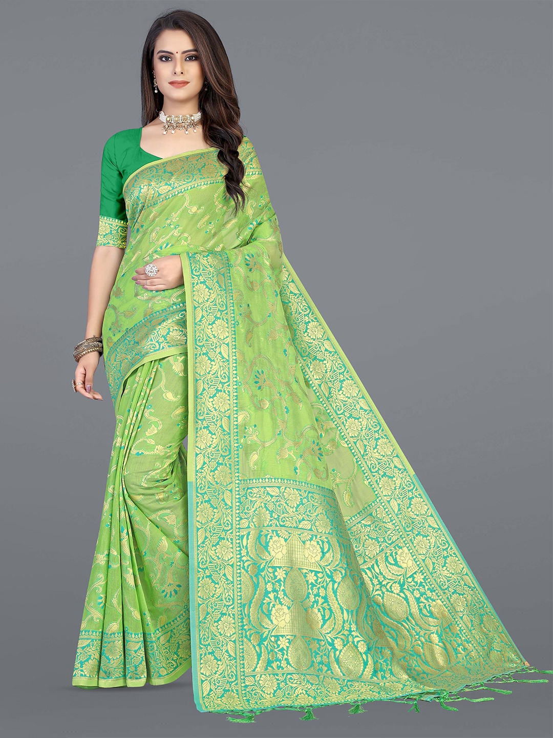 

Maroosh Woven Design Zari Saree with Blouse Piece, Lime green